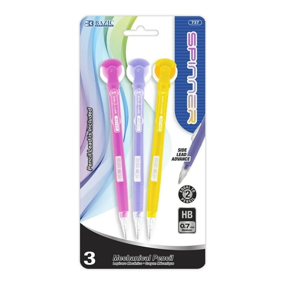 BAZIC Mechanical Pencil 0.7mm Spinner, Latex Free Eraser, (3/Pack)