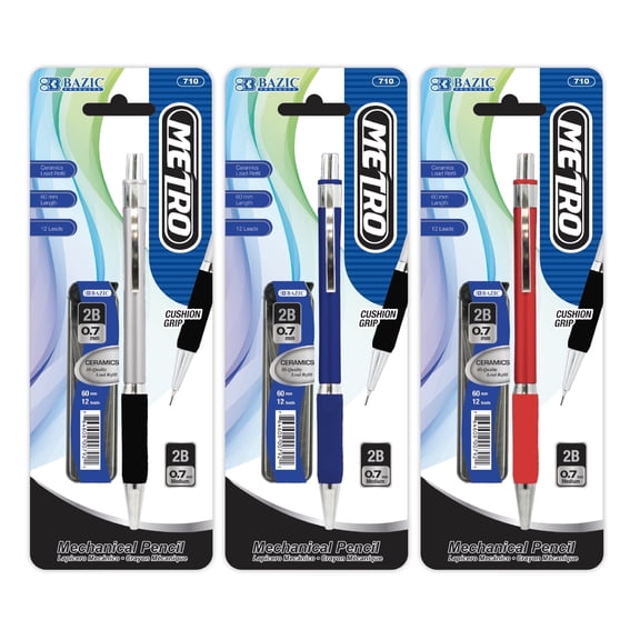 BAZIC Metro Mechanical Pencils 0.7mm w/ Ceramic Lead Refills, Colorful Barrel, 3-Packs