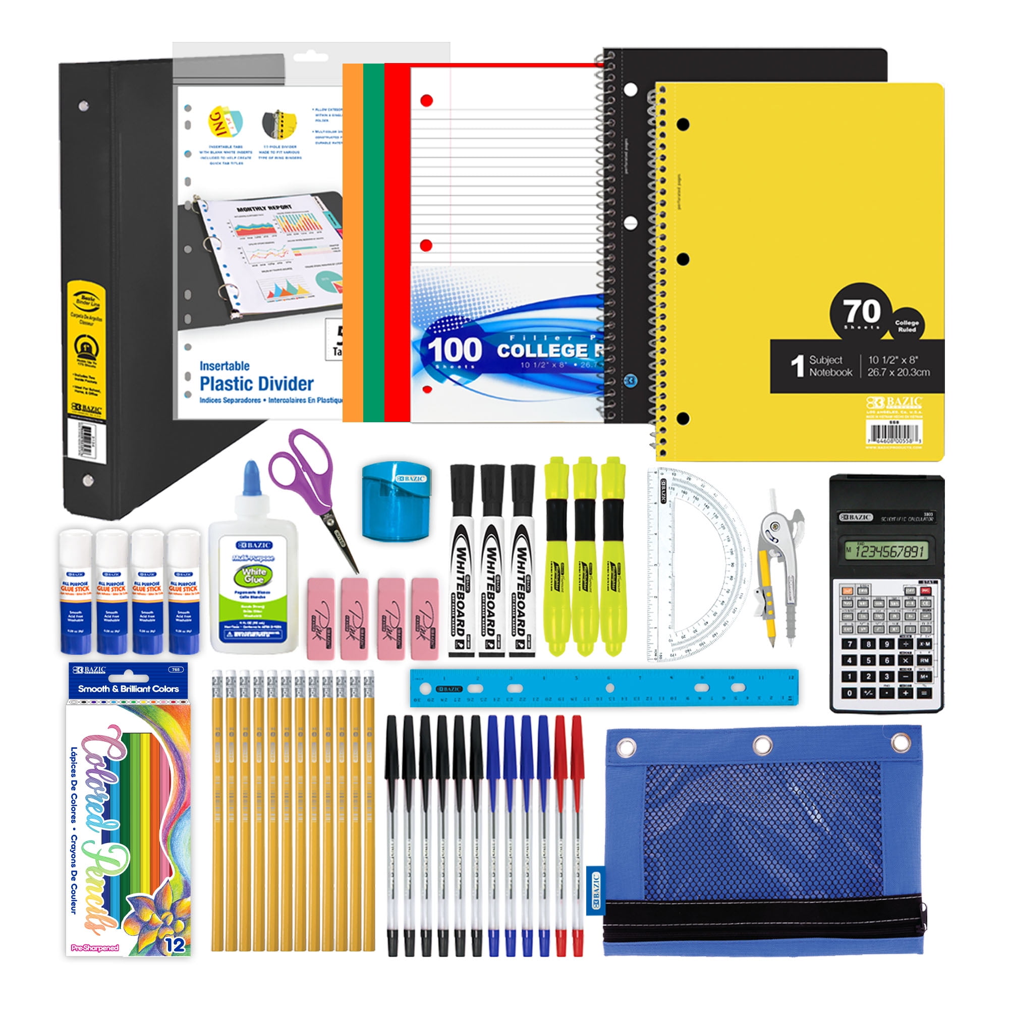 BAZIC Middle High School Kit Bundle Supplies Box 65 Count for Student 7-12 Grades, Bazic Products School Supplies Composition Books Binder and more, SPEC MAY VARY, 1-Pack