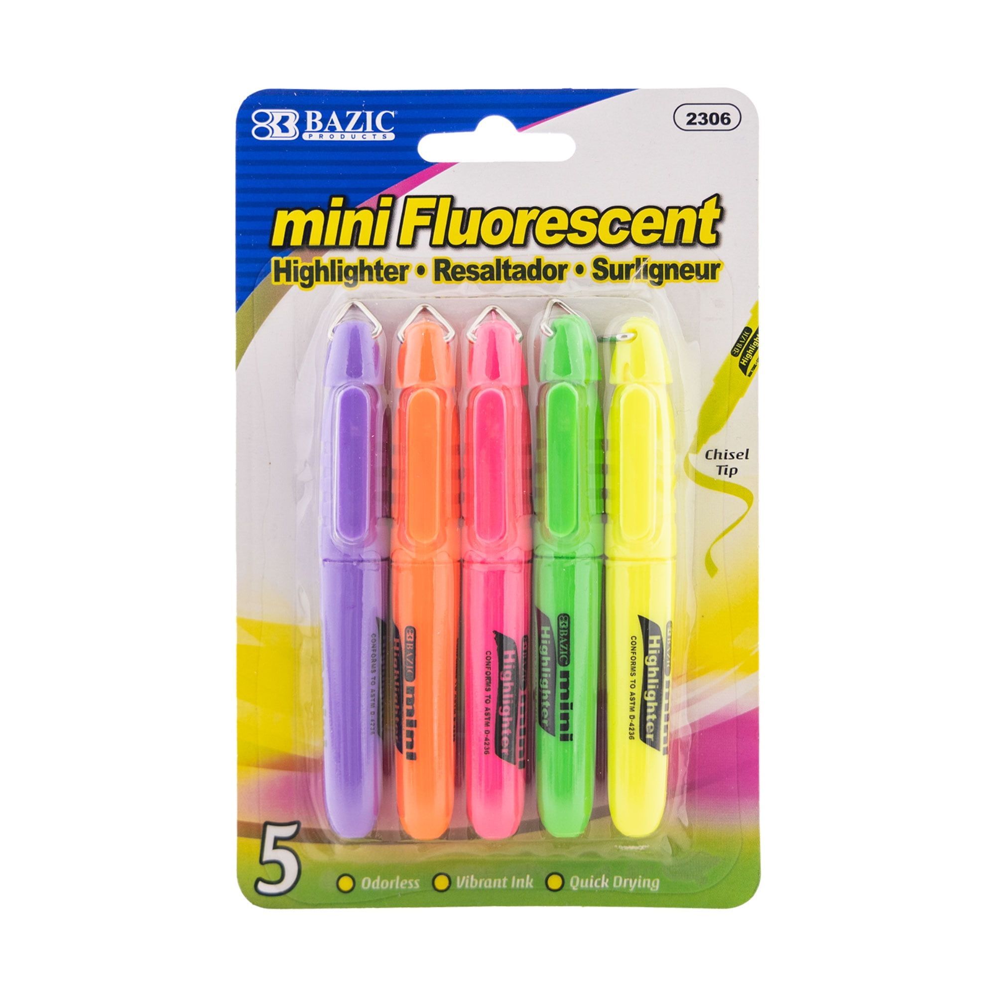 BAZIC Mini Highlighter Assorted Color Chisel Tip Marker (5/Pack), 1-Pack