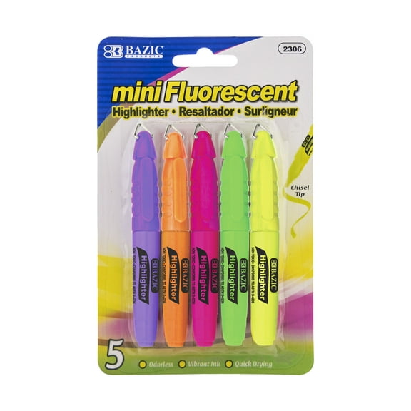 BAZIC Mini Highlighter Assorted Color Chisel Tip Marker (5/Pack), 1-Pack