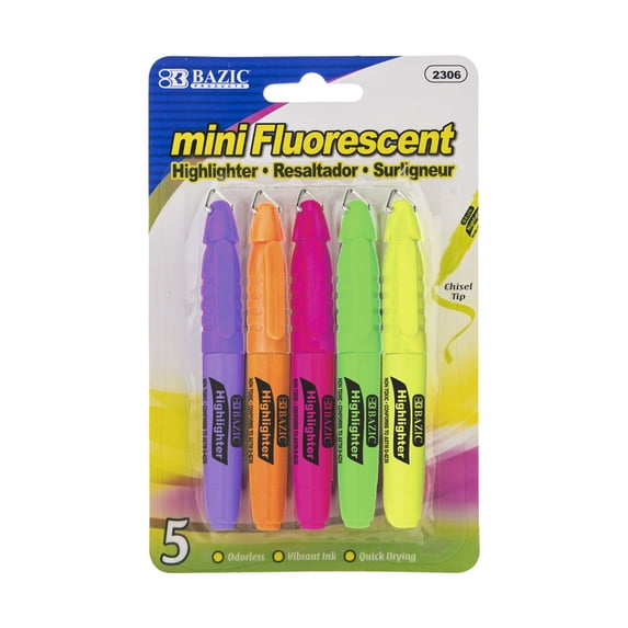 BAZIC Mini Highlighter Assorted Color Chisel Tip Marker (5/Pack), 1-Pack