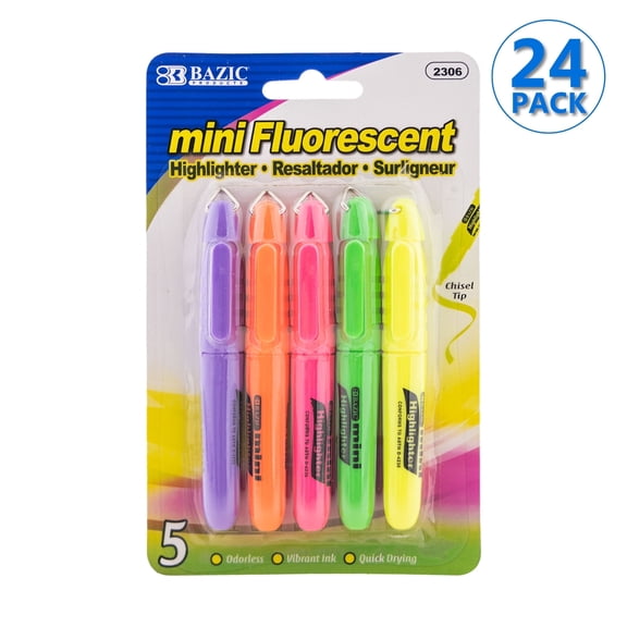 BAZIC Mini Highlighter Assorted Color Chisel Tip Marker (5/Pack), 24-Packs