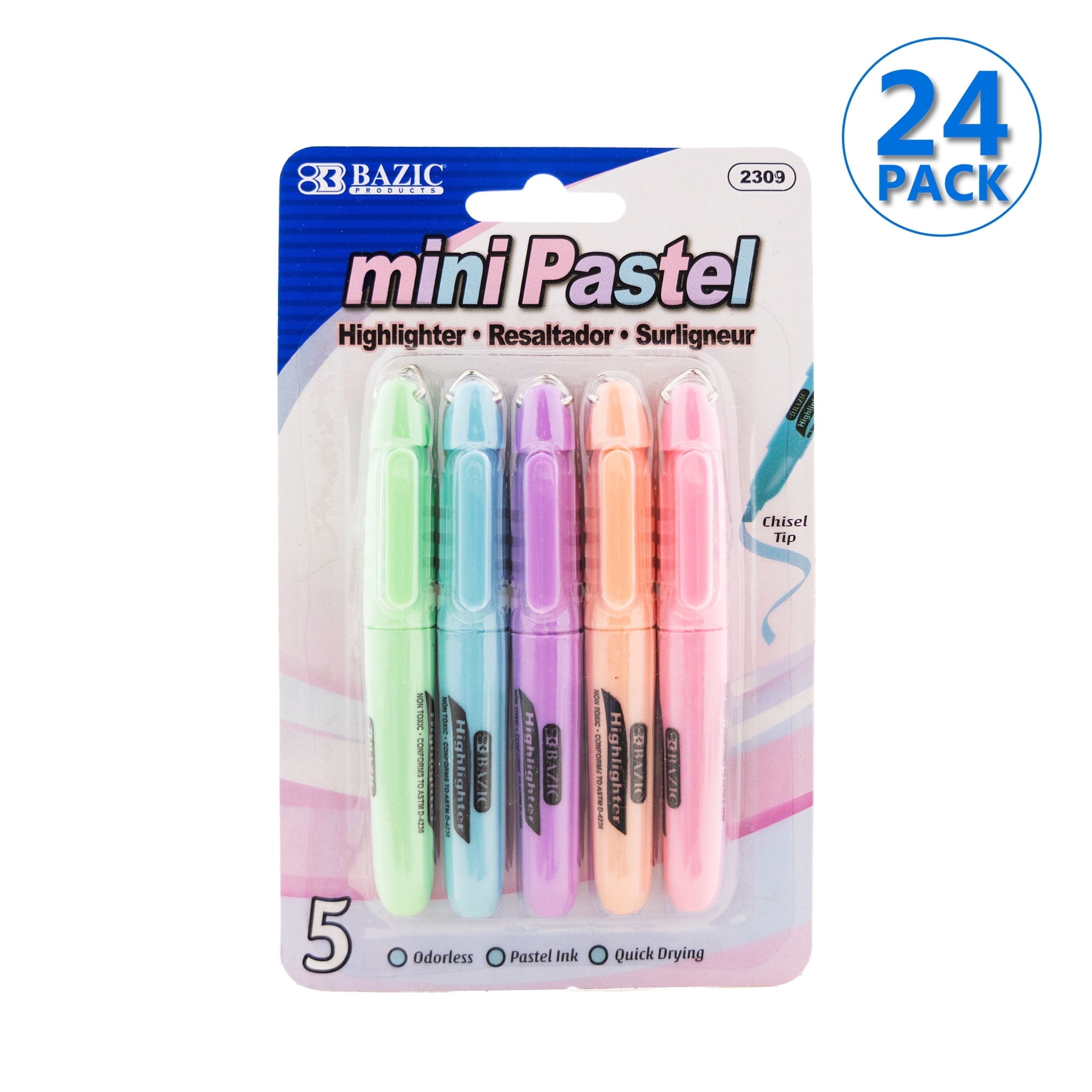 BAZIC Mini Highlighter Pen Pastel Color, Chisel Tip Broad Fine Line Highlighters Unscented (5/Pack), 24-Packs