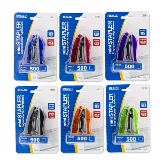 BAZIC Mini Stand-Up Stapler w/500 Staples, Standard (26/6), 6-Pack