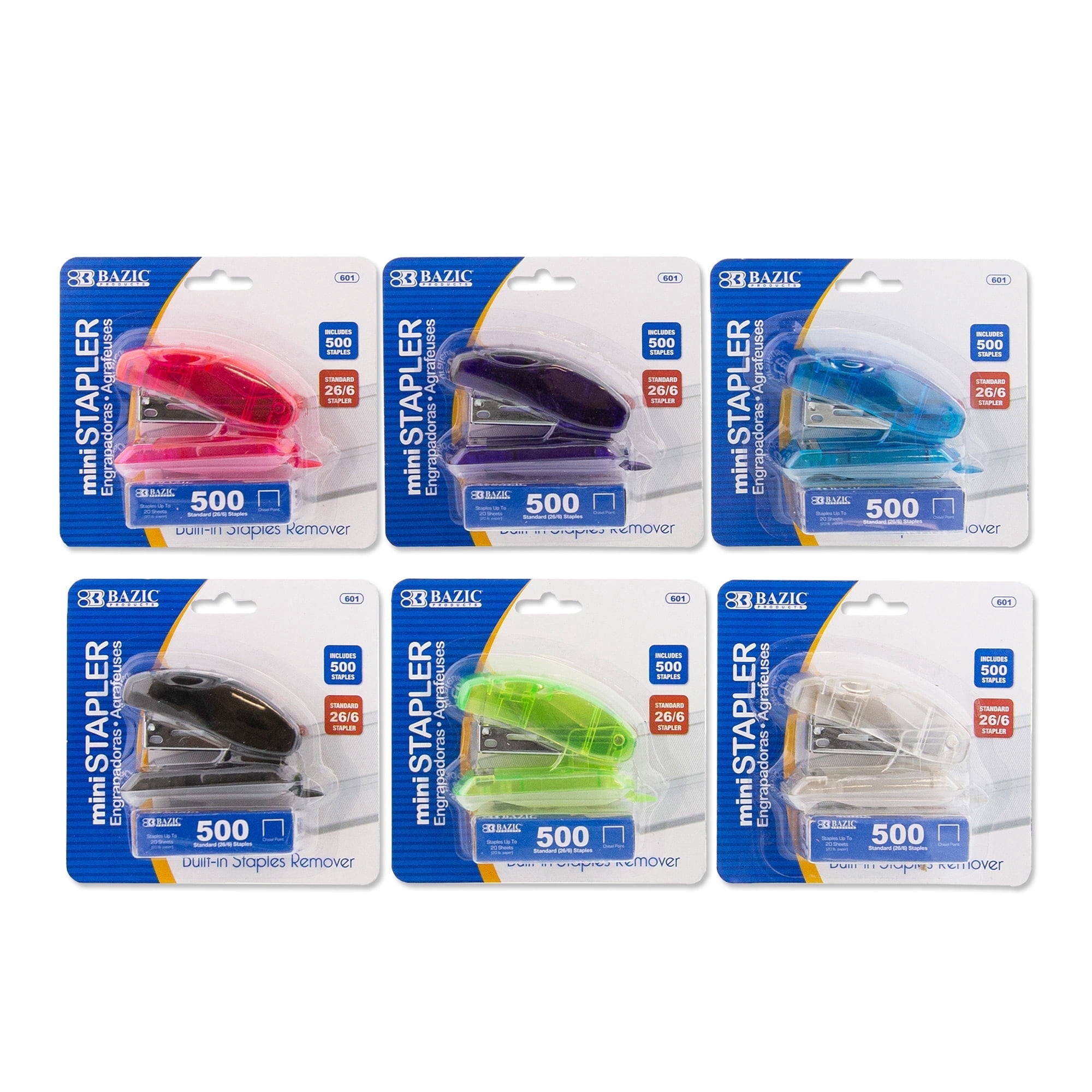 BAZIC Mini Stapler w/500 Staples, Standard (26/6) Built-in Staple Remover,24-Pack