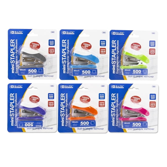 BAZIC Mini Cushion Grip Standard (26/6) Stapler w/ 500 Ct. Staples
