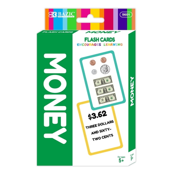 BAZIC Money Flash Cards Learn to Count Money, Recognize Bills and Coins USA Currency (36/Pack), 1-Pack