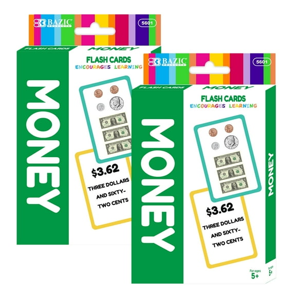 BAZIC Money Flash Cards Learn to Count Money, Recognize Bills and Coins USA Currency (36/Pack), 2-Pack