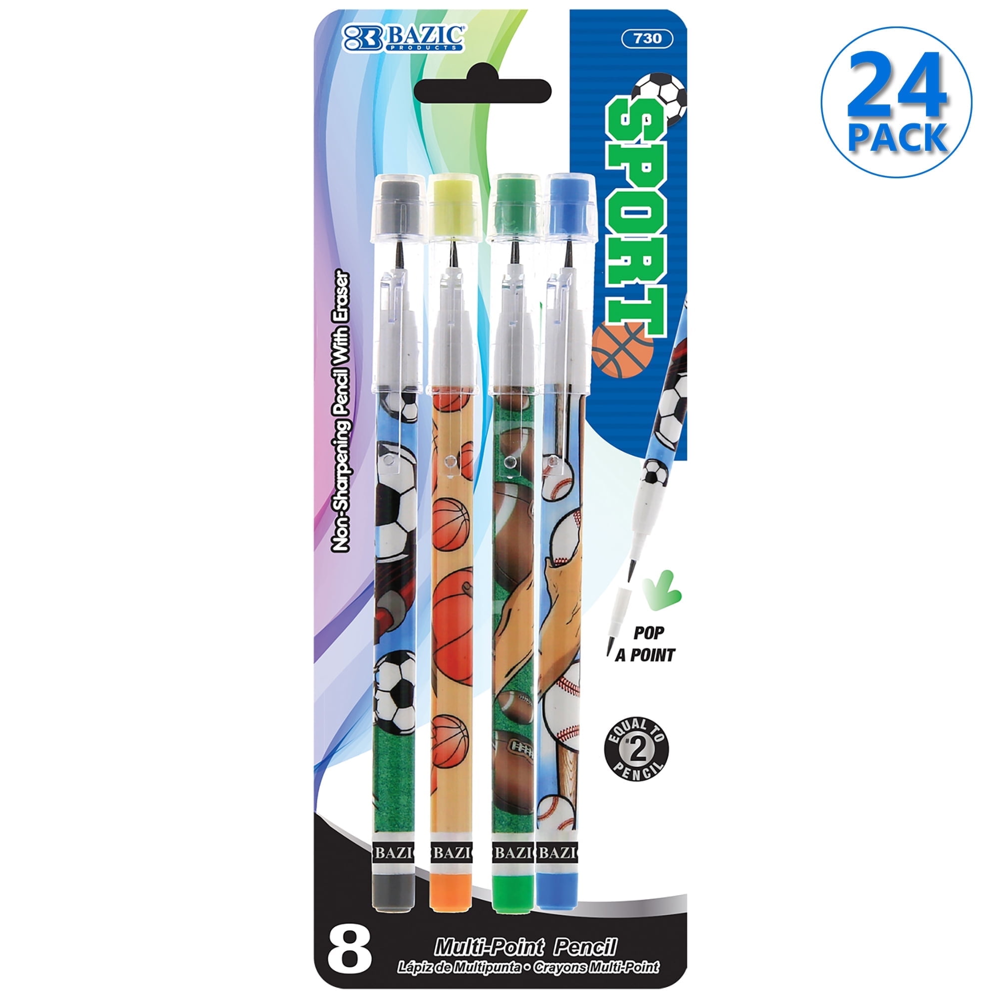 BAZIC Multi Point Pencil Sport w/ Latex Free Eraser, (8/Pack), 24-Pack