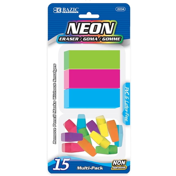 BAZIC Neon Erasers & Eraser Caps Set, Latex-Free, 15 Pieces