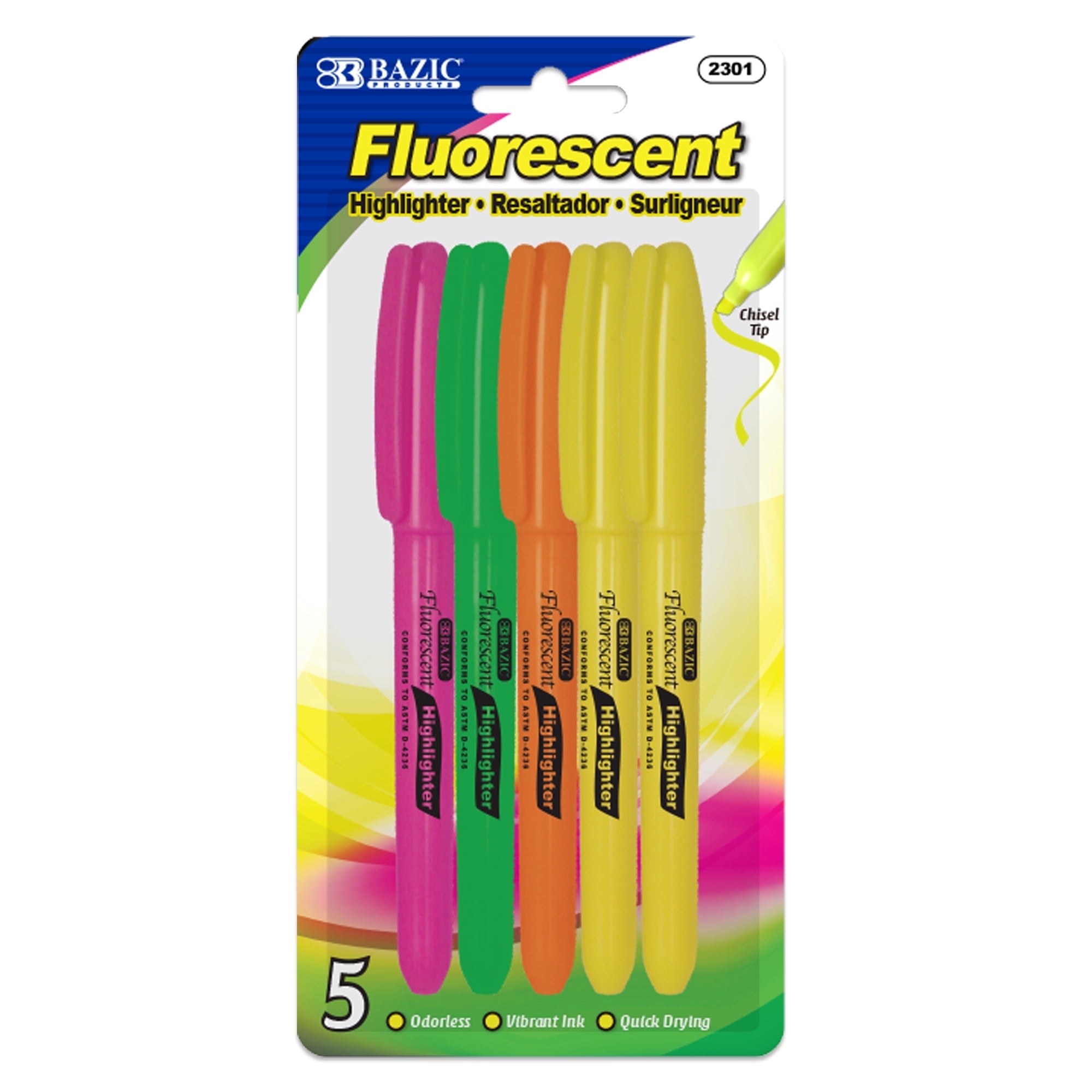 BAZIC Neon Highlighter Assorted Color Chisel Tip Marker (5/Pack), 24-Packs