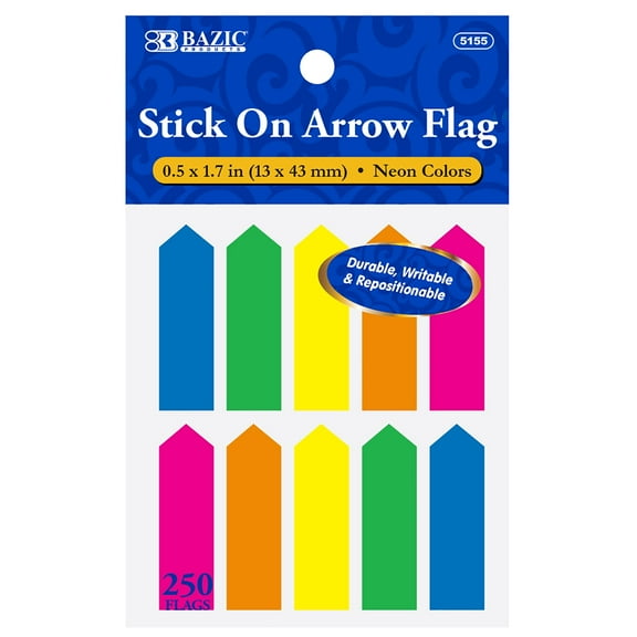 BAZIC Neon Page Markers 0.5x1.7 Arrow Flag Tabs, (250 Flags/Pack), 1-Pack