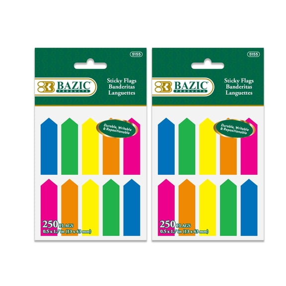 BAZIC Neon Page Markers 0.5x1.7 Arrow Flag Tabs, (250 Flags/Pack), 2-Packs