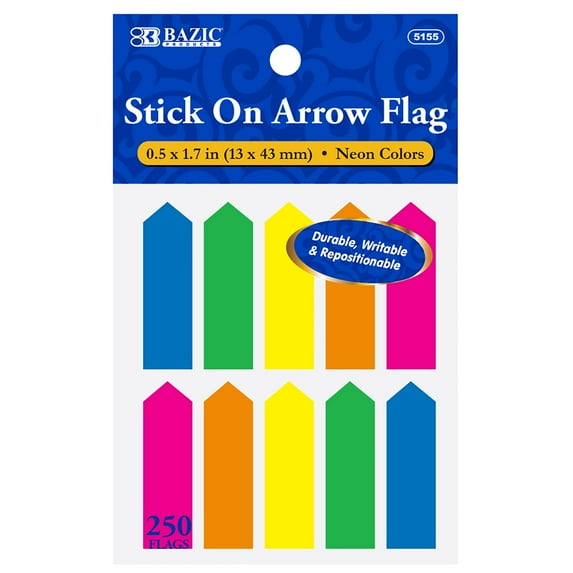 BAZIC Neon Page Markers 0.5x1.7 Arrow Flag Tabs, (250 Flags/Pack), 24-Pack