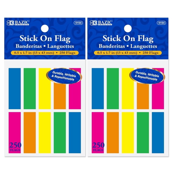BAZIC Neon Page Markers 0.5x1.7 Neon Colored PET Index Tabs (250 Flags/Pack), 2-Packs