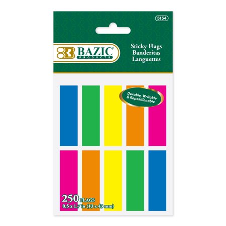 BAZIC Neon Page Markers 0.5x1.7 Neon Index Tabs, (250 Flags/Pack), 1-Pack
