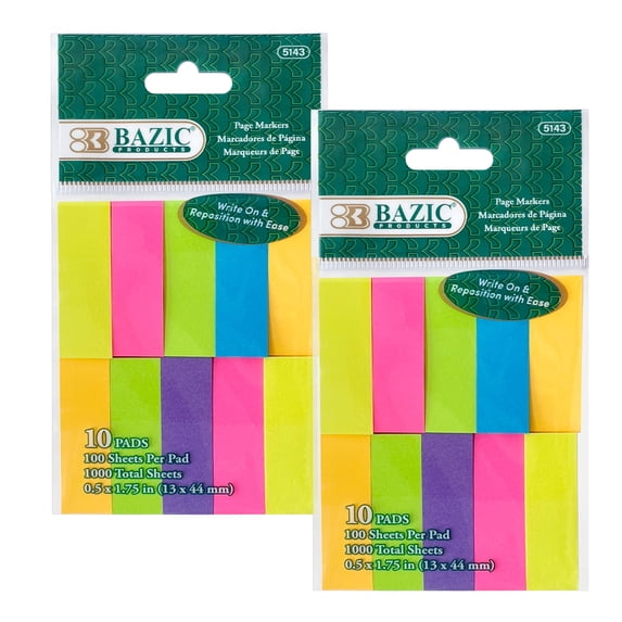 BAZIC Neon Page Markers 0.5x1.75 Neon Colored Index Tabs (1000 Sheets/Pack), 2-Packs