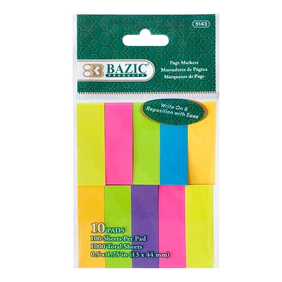 BAZIC Neon Page Markers 0.5x1.75 Neon Index Tabs, (1000 Sheets/Pack), 1-Pack