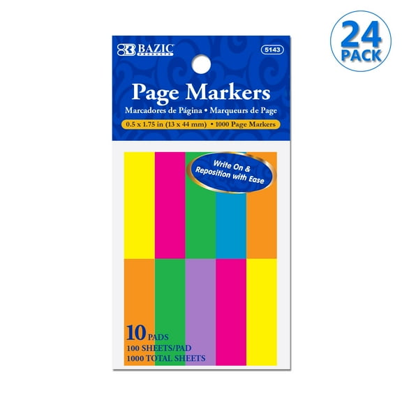 BAZIC Neon Page Markers 0.5x1.75 Neon Index Tabs, (1000 Sheets/Pack), 24-Pack