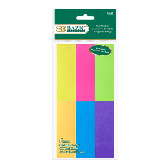 BAZIC Neon Page Markers 1x3 Colored Index Tabs, (480 Sheets/Pack), 1-Pack