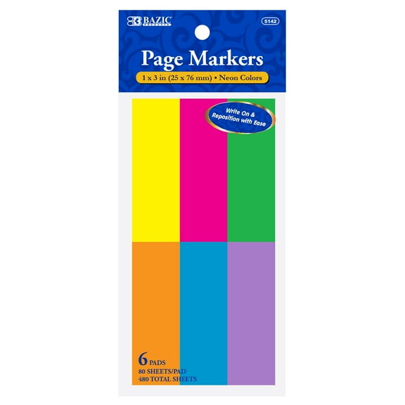 BAZIC Neon Page Markers 1x3 Colored Index Tabs, (480 Sheets/Pack), 1-Pack