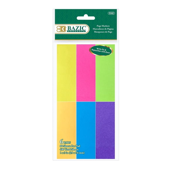 BAZIC Neon Page Markers 1x3 Colored Index Tabs, (480 Sheets/Pack), 24-Pack
