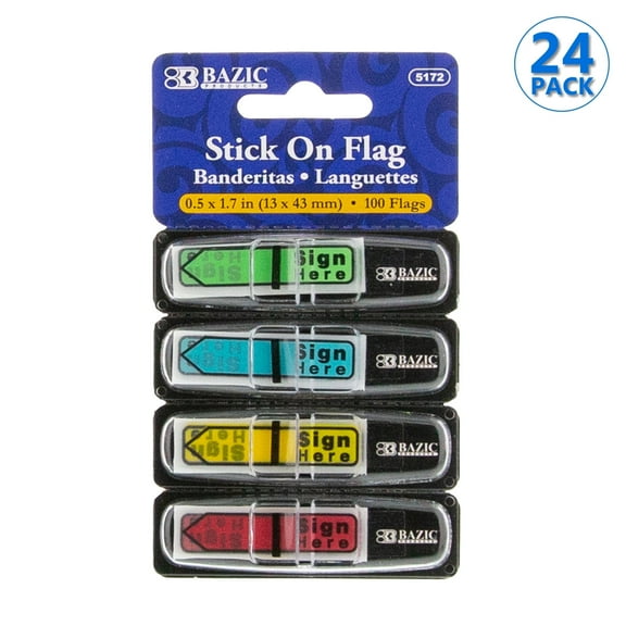 BAZIC Neon Page Markers Dispensers 0.5x1.7 Sign Here Tabs, (100 Flags/Pack), 24-Pack