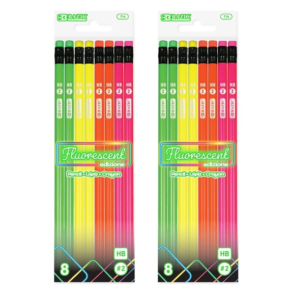 BAZIC Neon Pencils, Latex Free Eraser, Unsharpened Pencils (8/Pack), 2-Packs
