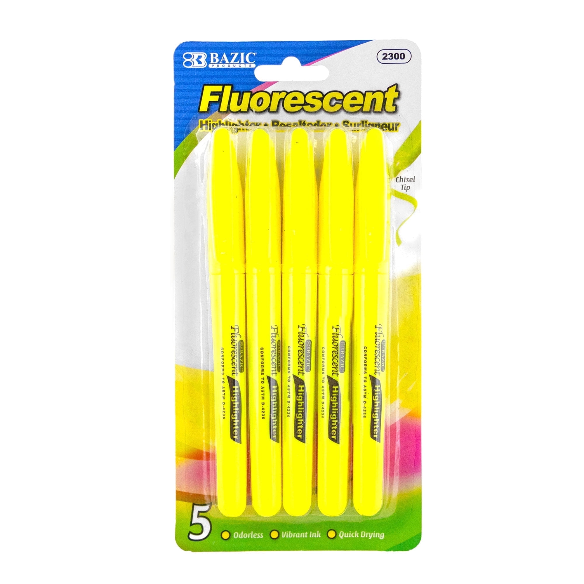 BAZIC Neon Yellow Highlighter Chisel Tip Unscented Marker (5/Pack), 24-Packs