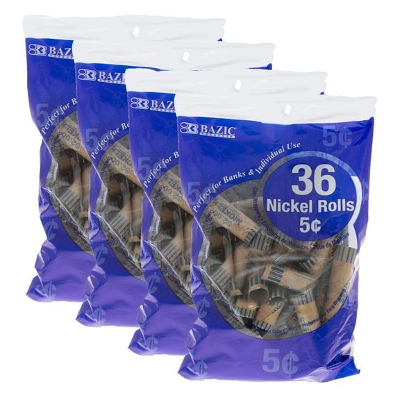 BAZIC Nickel Coin Wrappers Rolls, Coins Tubes (36/Pack), 4-Packs