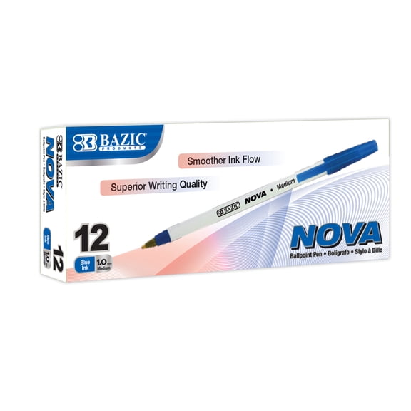 BAZIC Nova Blue Ink Stick Ballpoint Pens, 1.0mm Medium, 12 Count
