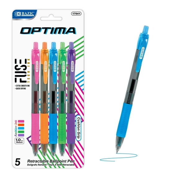 BAZIC Optima 5-Color Oil Gel Fuse Tech Ink Retractable Pen, 0.7 mm, (5/Pack), 12-Pack