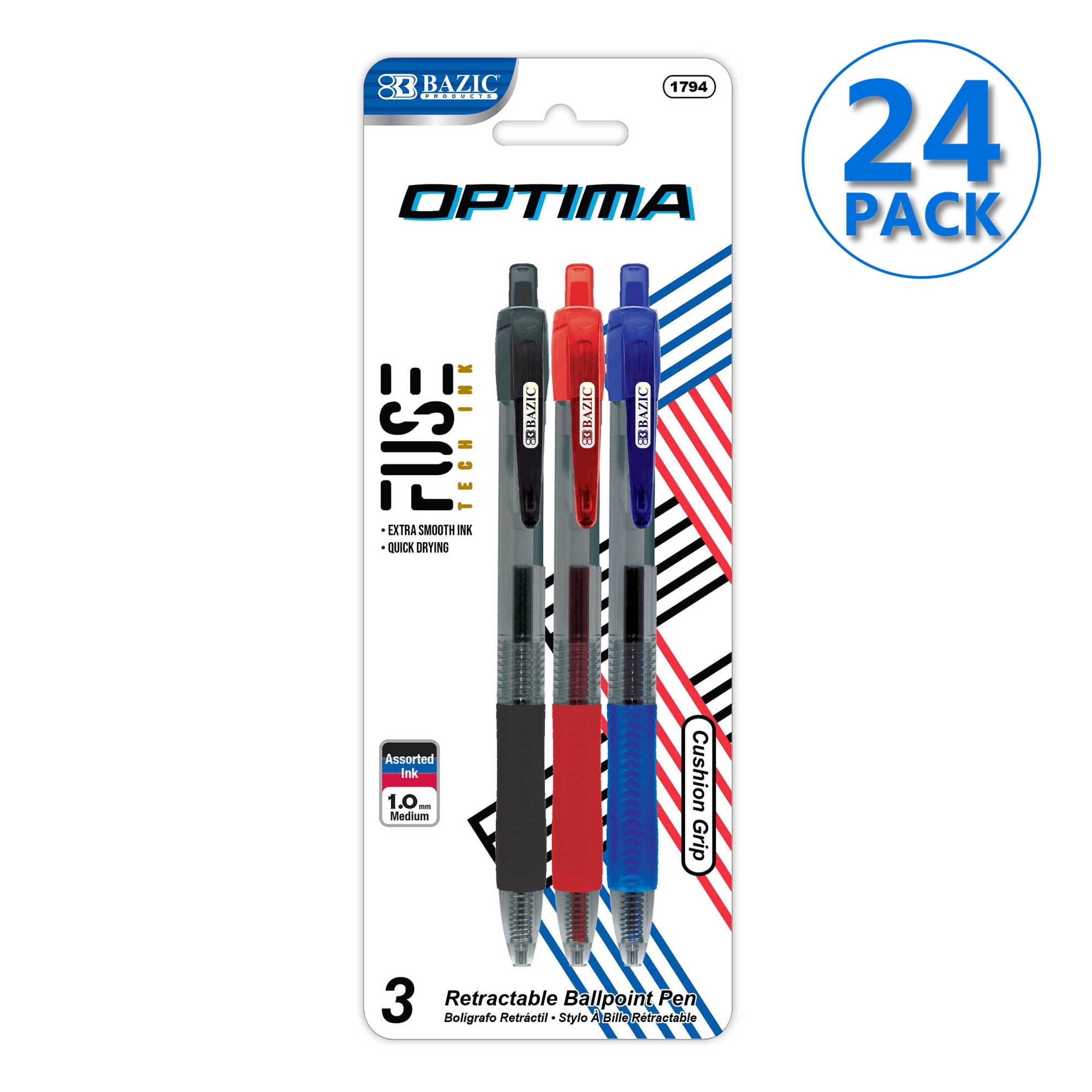 BAZIC Optima Assorted Color Oil Gel Ink Retractable Pen, 0.7 mm, (3/Pack), 24-Pack