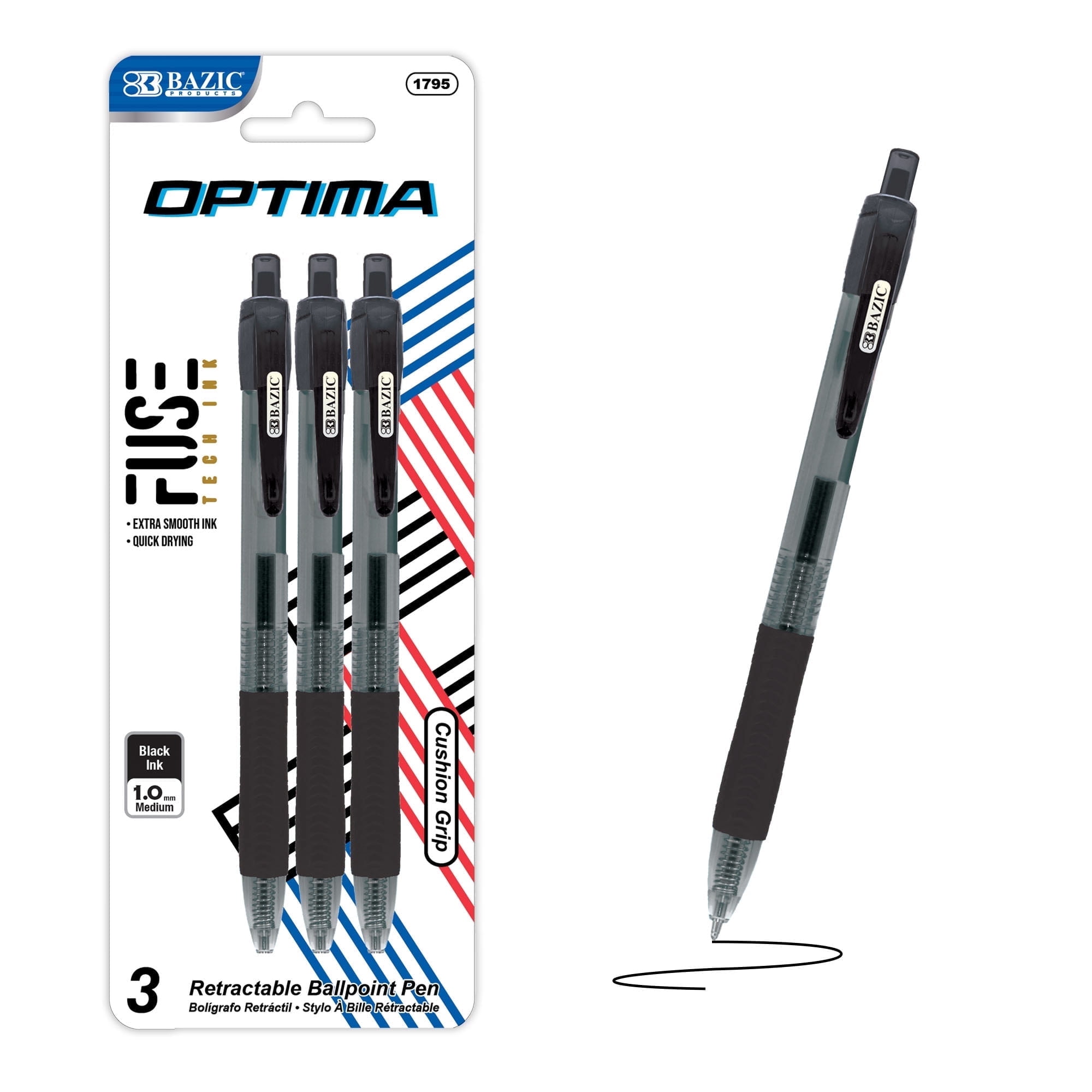 BAZIC Optima Black Oil Gel Ink Retractable Pen , 0.7 mm, (3/Pack), 1-Pack