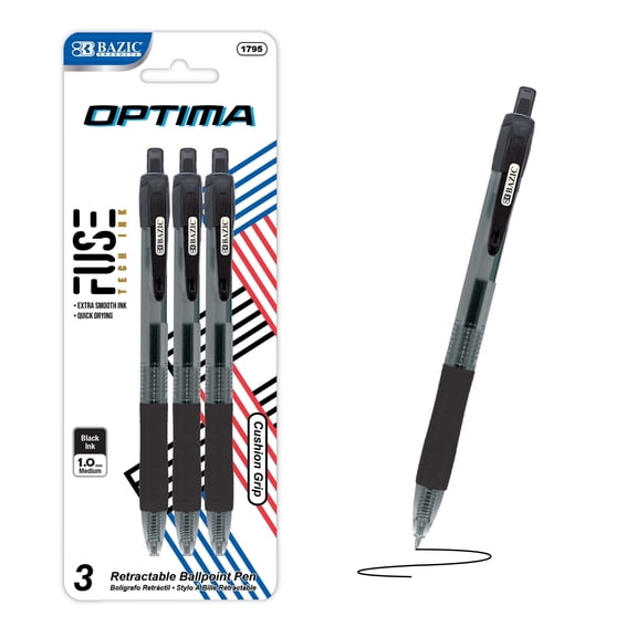 BAZIC Optima Black Oil Gel Ink Retractable Pen , 0.7 mm, (3/Pack), 1-Pack