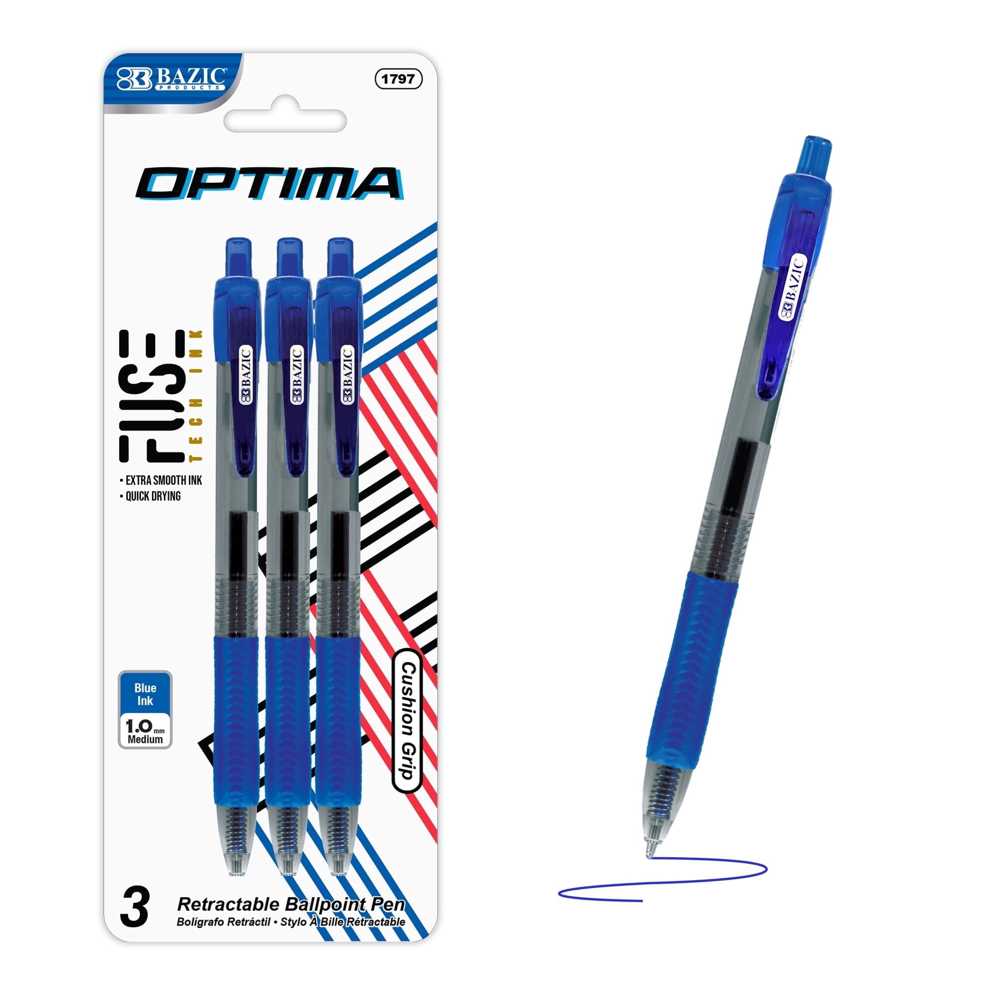 BAZIC Optima Blue Fuse Tech Ink Retractable Pen, 0.7 mm, (3/Pack), 24-Pack