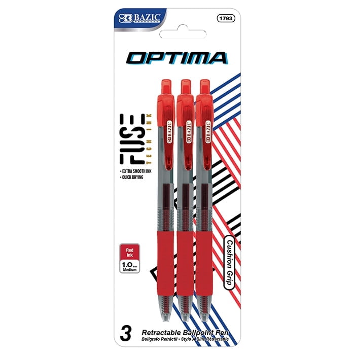 BAZIC Optima Red Fuse Tech Ink Retractable Pen, 0.7 mm, (3/Pack), 1-Pack