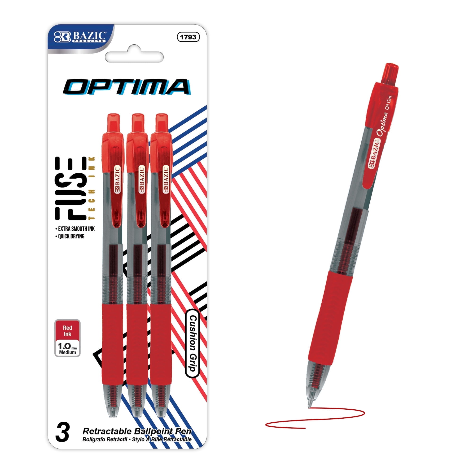 BAZIC Optima Red Fuse Tech Ink Retractable Pen, 0.7 mm, (3/Pack), 24-Pack