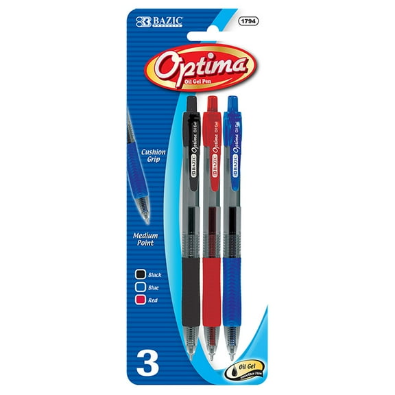 BAZIC Optima Red Oil-Gel Ink Retractable Pen w/ Grip (3/Pack)