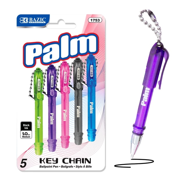 BAZIC Palm Mini Ballpoint Pen w/Key Ring, Black Ink 1.0mm (5/Pack), 1 ...