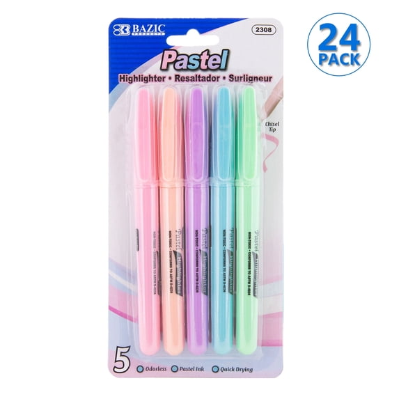 BAZIC Pastel Highlighter Assorted Color Pen Style, Chisel Tip Broad Fine Line Highlighters (5/Pack), 24-Packs
