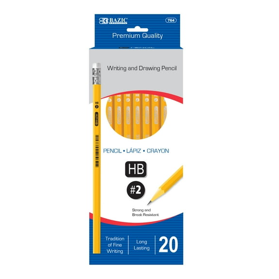 BAZIC Pencil #2 HB Pencils, Latex Free Eraser, Premium Wood Yellow Pencils (20/Pack), 1-Pack