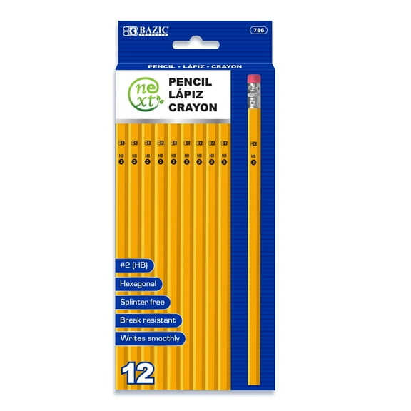BAZIC Pencil #2 HB Pencils, Latex Free Eraser, Wood Free Yellow Unsharpened (12/Pack), 1-Pack