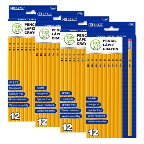 BAZIC Pencil #2 HB Pencils, Latex Free Eraser, Wood Free Yellow Unsharpened (12/Pack), 4-Packs