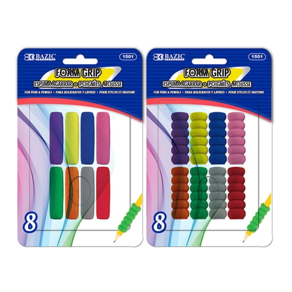 BAZIC Pencil Grip Soft Foam Pen Grip, Assorted Color (8/Pack), 2-Packs