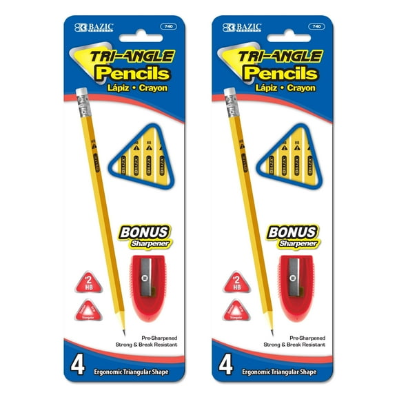 BAZIC Pencil Wood Pre-Sharpened #2 HB Triangle Pencils, Latex Free Eraser (4/Pack), 2-Packs