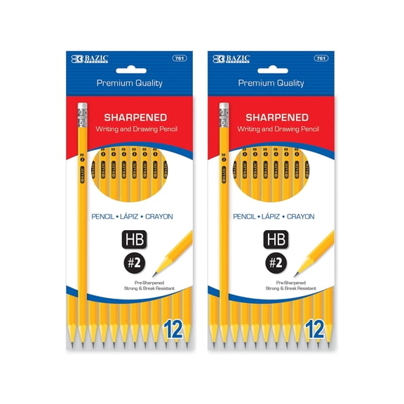 BAZIC Pencil Wood Pre-Sharpened Pencil #2 HB, Yellow Pencils (12/Pack), 2-Packs