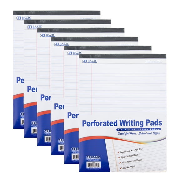 BAZIC Perforated Writing Pad, 50 Sheets 8.5"x11.75", White, 6-Pack