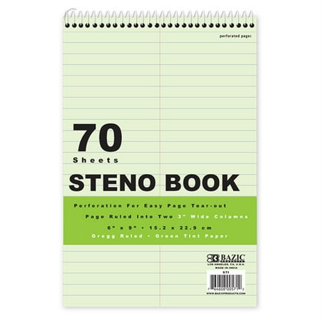 BAZIC Perforated Writing Pad, 80 Sheets 6"x9" Green Tint Gregg Ruled Steno Book, 1-Pack